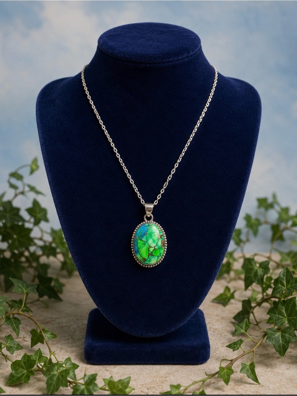 Pendant Peacock Dahlia Turquoise 925 Sterling Silver Oval Statement Necklace - Picture 1 of 8